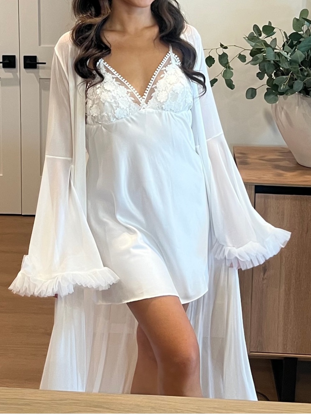Women's White Lace-Trim Satin Chemise (Bridal Getting Ready)
